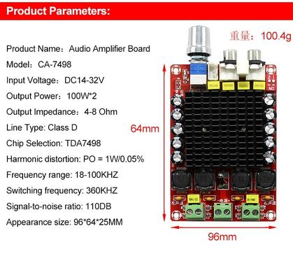 Dual-Channel-Audio-Verstärker-Board mit 100 W-Ausgang mit DC14-34V-Eingang und Klasse D-Technologie