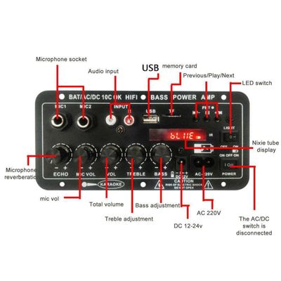24 V/220 V Auto-Verstärker, Mono-Audio-Verstärker mit 120 W Leistung, Dual-Mikrofon und Bluetooth für Subwoofer und Karaoke