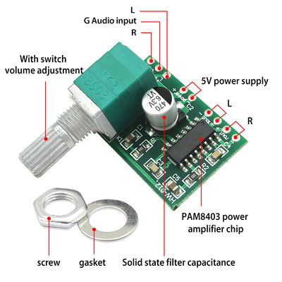 PAM8403 Audio-Verstärkerplatine mit 2 x 3 W Leistung, 5 V USB und Potentiometer-Lautstärkeregelung