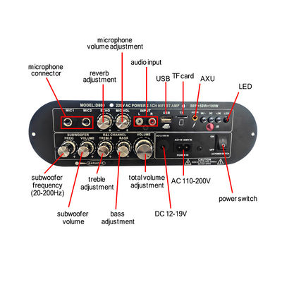 D800 Professionelle 2.0-Kanal-Bluetooth-Digitalverstärkerplatine 12 V wiederaufladbar, hohe Leistung für DJ/Karaoke