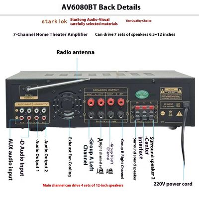 AV-6080BT 1000W 7-Kanal-Festimpedanz-Verstärker Home Car Metall-Receiver USB-Flash-SD-Karte BT Wireless Player Global