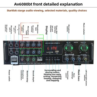 AV-6080BT 1000W 7-Kanal-Festimpedanz-Verstärker Home Car Metall-Receiver USB-Flash-SD-Karte BT Wireless Player Global