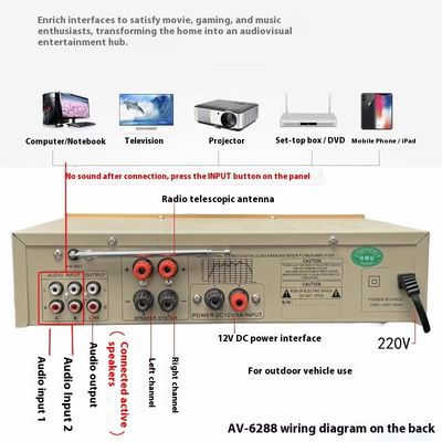 AV-6288BT 1000W 2*500W High Fidelity Karaoke Verstärker Dual-Use 12V/220V AC/DC BT Wireless Kunststoffmaterial